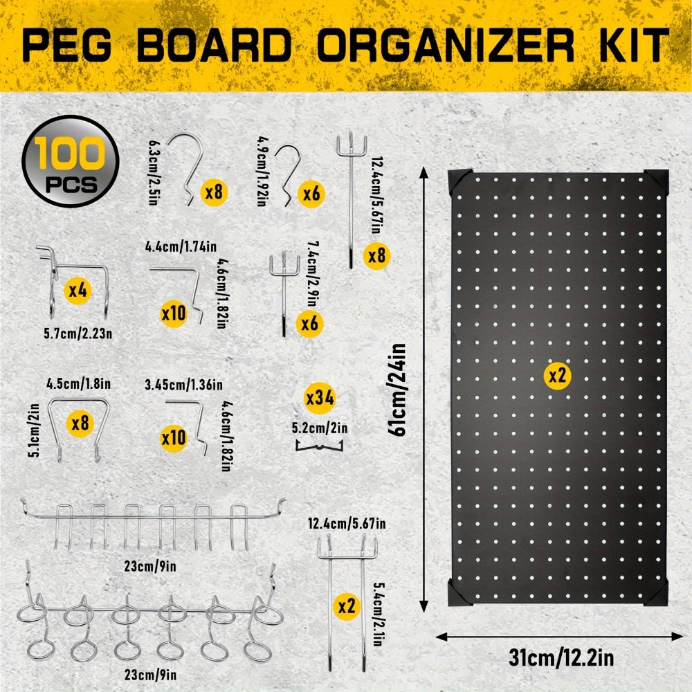Black Metal Pegboard Wall Organizer Set with Hooks 66/100pcs, 12x24 Inch Heavy Duty Wall Mounted Pegboard Kit for Garage Workshop Tool Storage, Includes Paper Towel Holder & Workbench Accessories