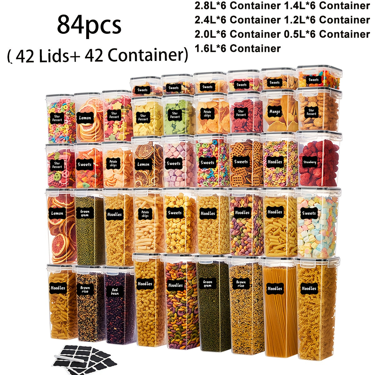 Food Storage Containers with Flip Top Lids - Airtight Plastic Jar Set for Pantry Kitchen Organization, Includes Reusable Labels and Marker, Dishwasher Safe, Available in 6, 12, 14, 20, 48 and 84 Piece Sets for Home Travel and Outdoor Use