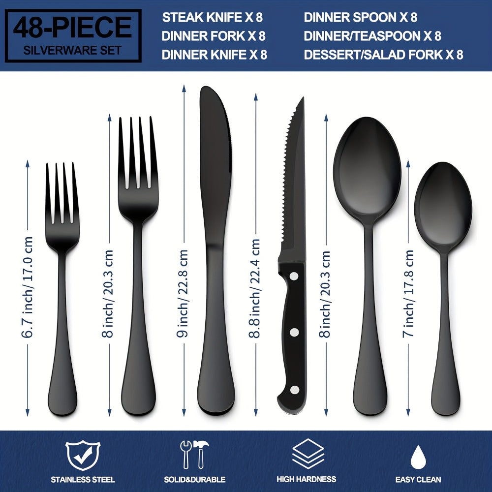 Stainless Steel Flatware Set with Steak Knives ¨C 24/48 Piece Silverware Set Service for 4 or 8, Mirror Polished Cutlery, Dishwasher Safe, Silver & Black