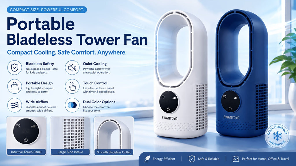Portable Bladeless Fan USB Tower Fan, Desktop Air Conditioner Fan with Water Mist Cooling, Remote Control, Touch Screen, 7-Color LED Ambient Light and Timer, Personal Cooling Fan for Office, Travel, Camping, Home