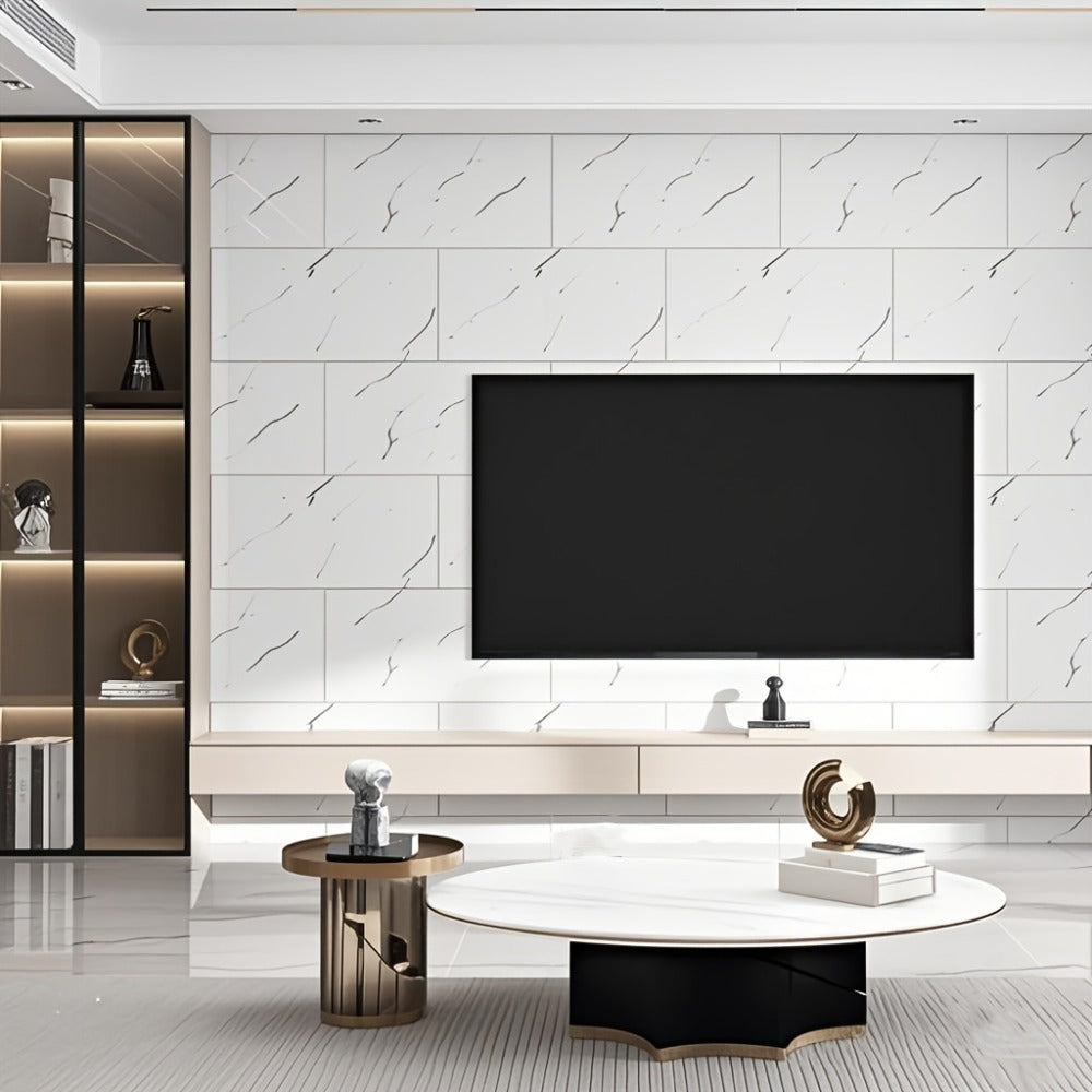 Marble Peel and Stick Wall Panels Self-Adhesive 3D Decorative Tiles - Glossy Marble Sheets for Bathroom Kitchen Living Room - Removable Vinyl Planks White Grey Black Imitation Stone DIY Home Decor