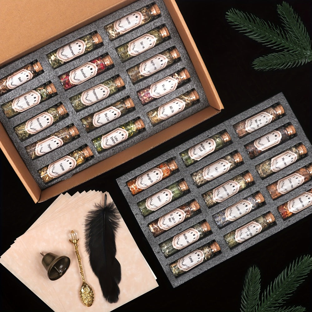 43-Piece Dried Herbs & Flowers Witch Ritual Kit ¨C Sachet Supplies Set with Crystal Spoon, Black Feather & Bell for Pagan Spells, Candle Making, Soap, Wedding Decor