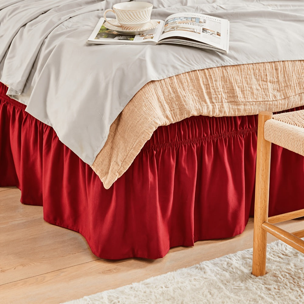 Bed Skirt Elastic Wrap Around Ruffle - 15 Inch Drop Microfiber Dust Ruffle, Adjustable No-Lift Fit, Fade Resistant Machine Washable, Hotel Quality Bedskirt for Twin Full Queen King, 30 Colors