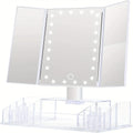 Lighted Makeup Mirror with Storage ¨C Tri-Fold Vanity Mirror 24 LED Lights, Touch Screen, 3X/2X/1X Magnification, 180¡ã Rotation, Dual Power Supply, White & Rose Gold