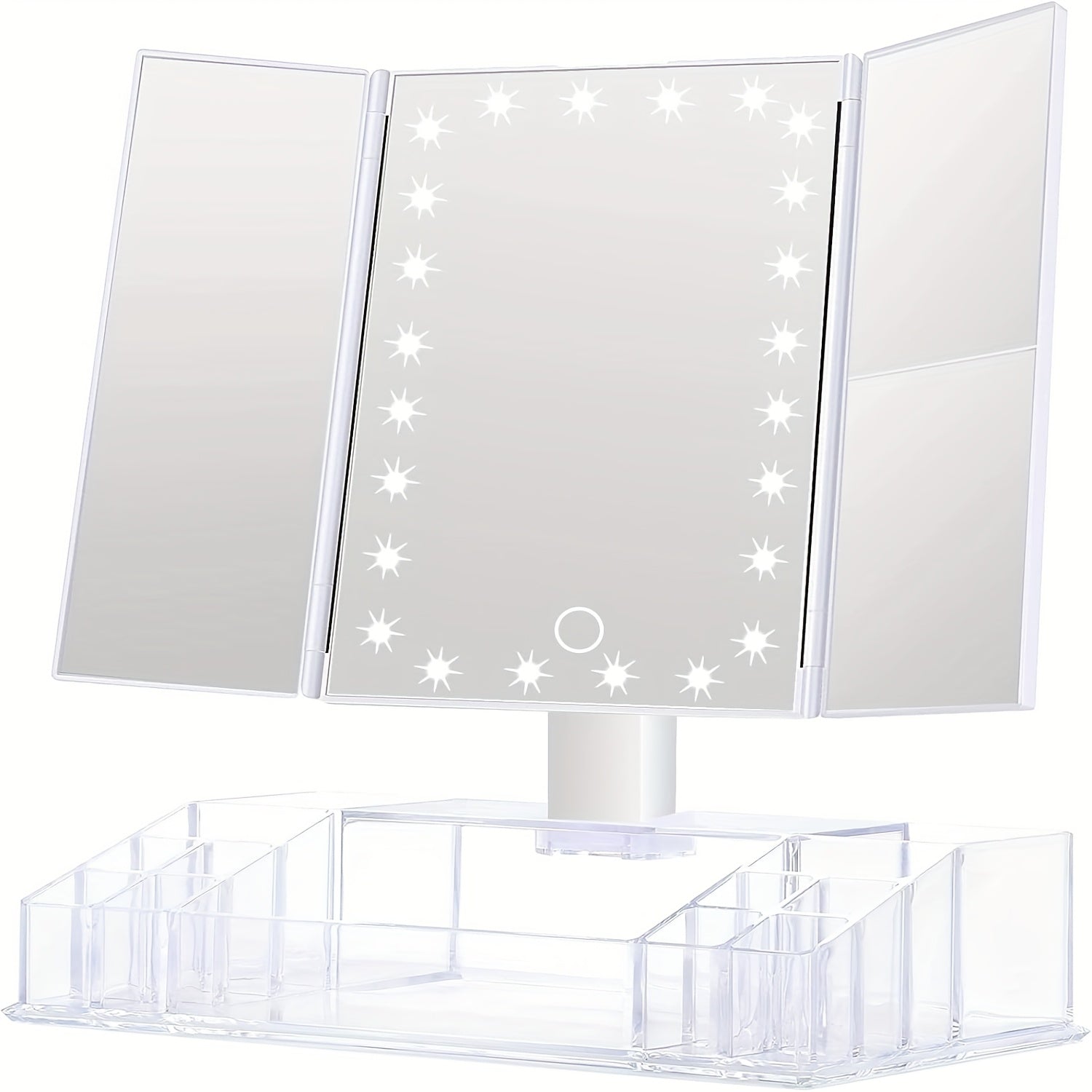 Lighted Makeup Mirror with Storage ¨C Tri-Fold Vanity Mirror 24 LED Lights, Touch Screen, 3X/2X/1X Magnification, 180¡ã Rotation, Dual Power Supply, White & Rose Gold