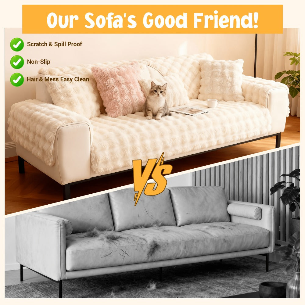 Bubble Soft Faux Rabbit Fur Sofa Cover - Non-Slip Silicone Backing Stretchable Slipcover Pet Friendly Machine Washable for Living Room Bedroom Dorm, 4 Colors Multiple Sizes