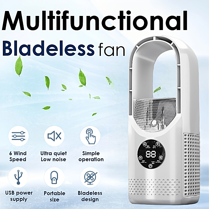 Portable Bladeless Fan USB Tower Fan, Desktop Air Conditioner Fan with Water Mist Cooling, Remote Control, Touch Screen, 7-Color LED Ambient Light and Timer, Personal Cooling Fan for Office, Travel, Camping, Home