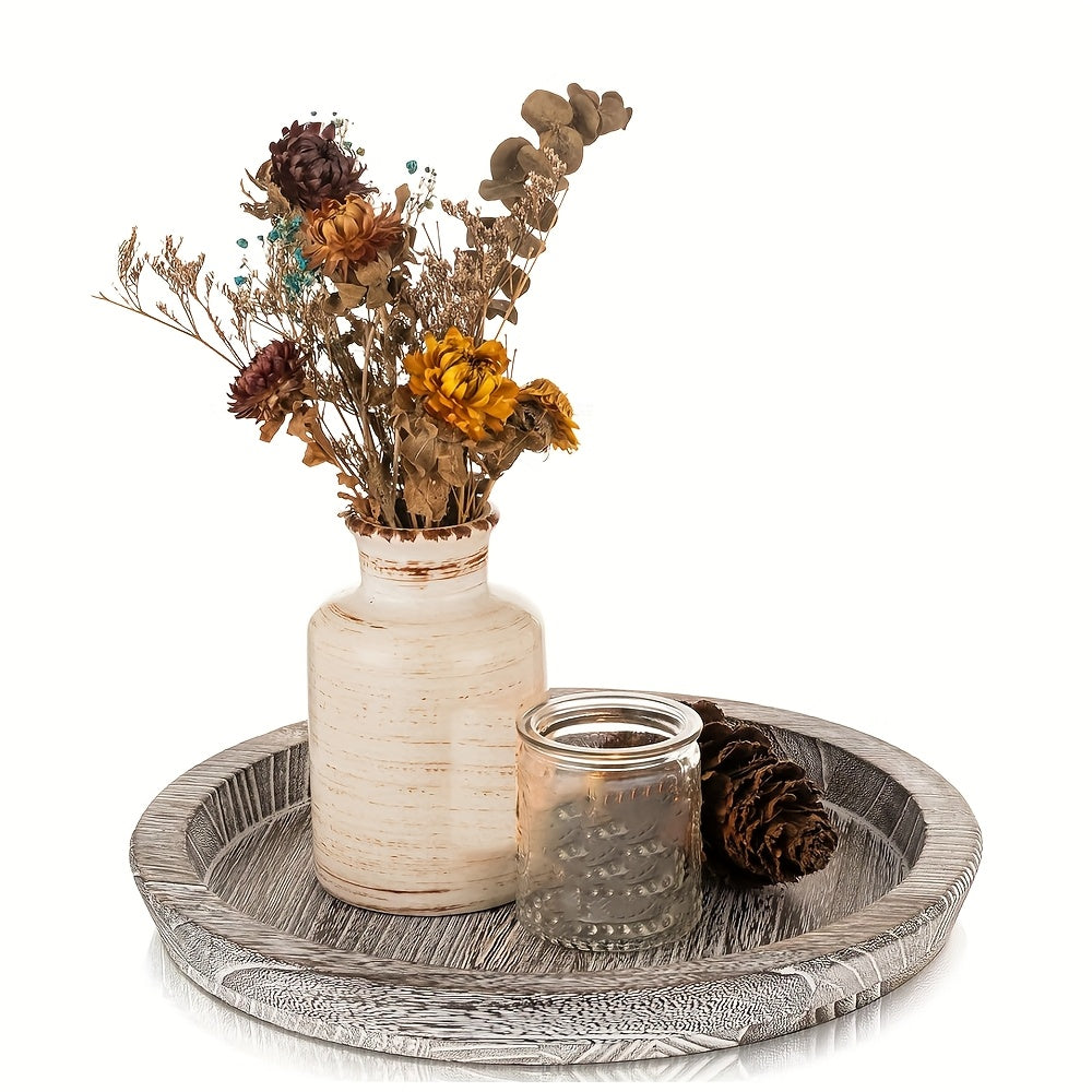 Decorative Tray for Coffee Table ¨C Round Wave-Shaped Centerpiece Tray for Living Room, Dining Room, Kitchen Counter, Bathroom ¨C Rustic Vintage Distressed Finish, Multipurpose Home Decor Tray