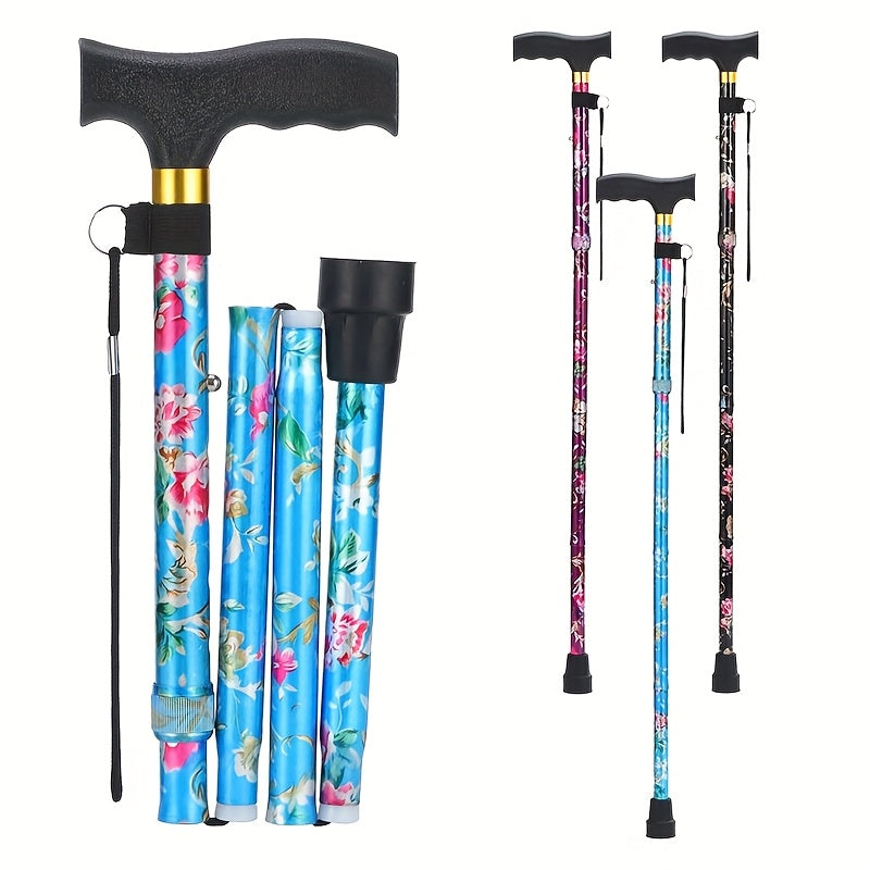 Foldable Walking Cane for Seniors Adjustable Height Folding Stick with Wrist Strap T-Handle Printed Design Portable Lightweight Mobility Aid Gift for Parents