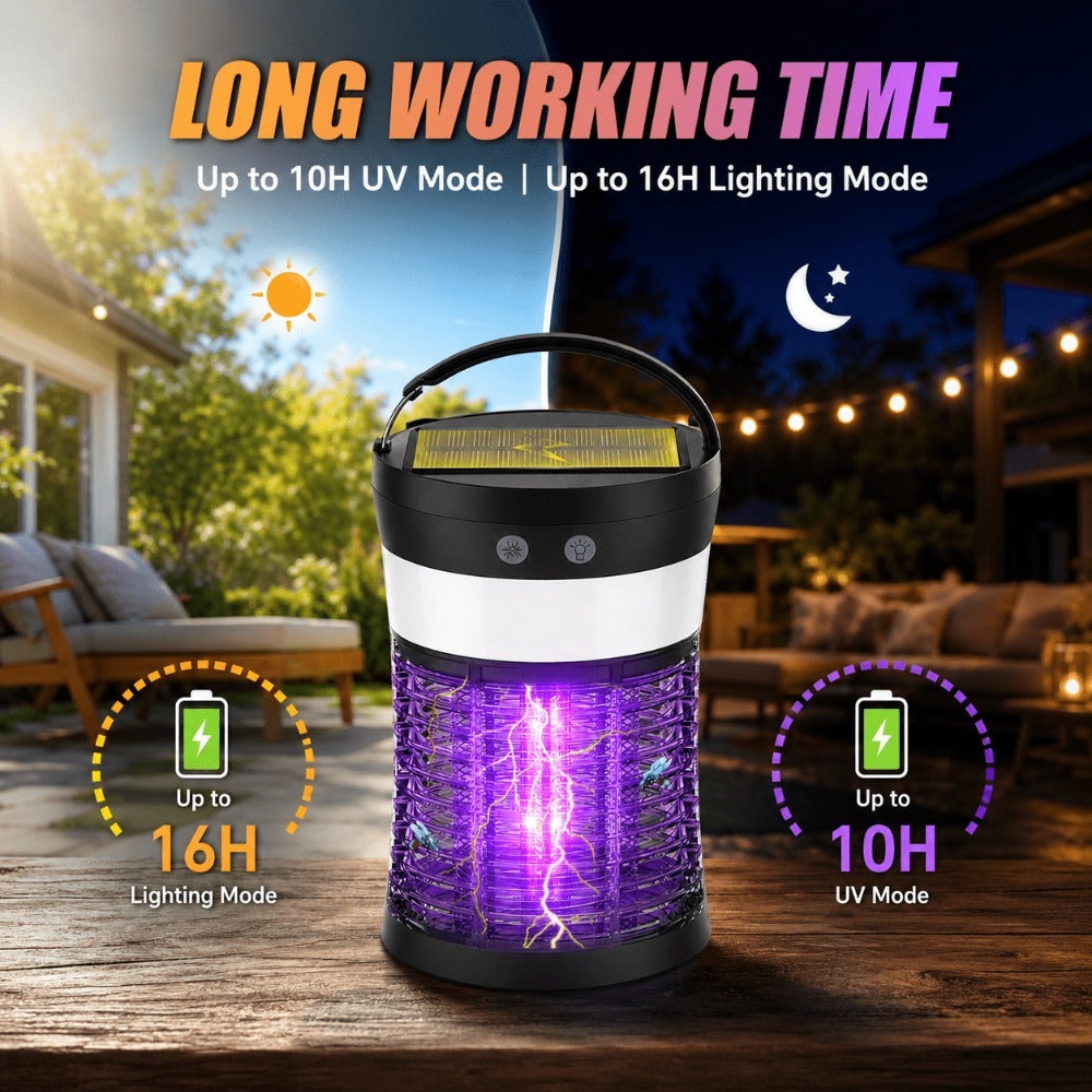 Solar Bug Zapper Electric 3-in-1 ¨C 3000V UV 365nm Mosquito Killer Rechargeable Insect Fly Trap with White Light & Flashlight, 2100 Sq Ft Coverage for Indoor Outdoor Home Patio Backyard Camping ¨C Black