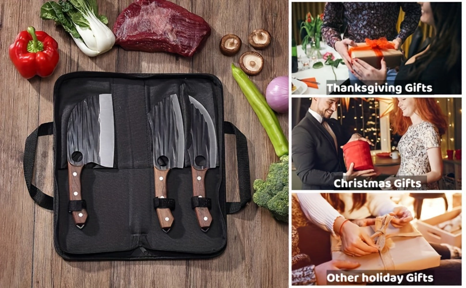 Viking Hand-Forged Butcher Knife Set ¨C High Carbon Steel Meat Cleaver, Boning & Carving Knife, Vegetable Knife for BBQ & Camping, with Carrying Case