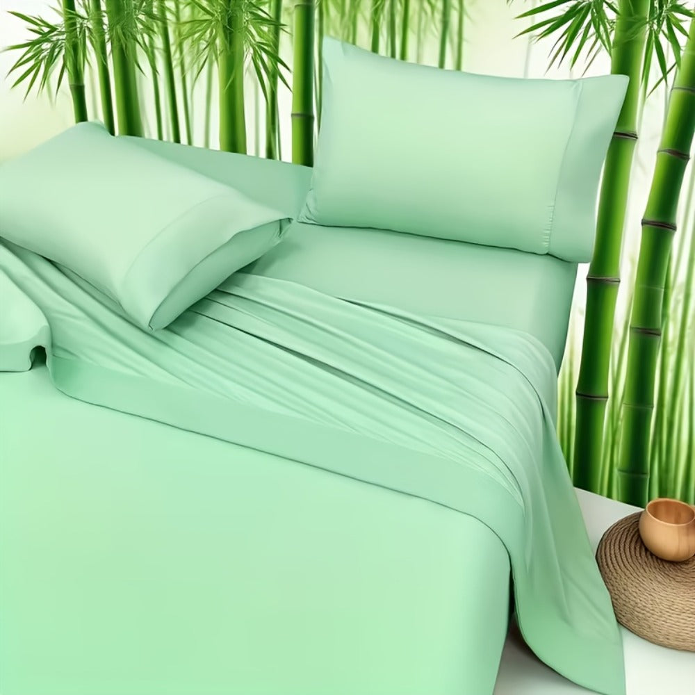 Bamboo Cooling Bed Sheet Set 4pcs - Ultra Soft Breathable Deep Pocket Fitted Sheets, 2200TC Cooling Fabric, Shrink & Wrinkle Resistant, All-Season Bedding