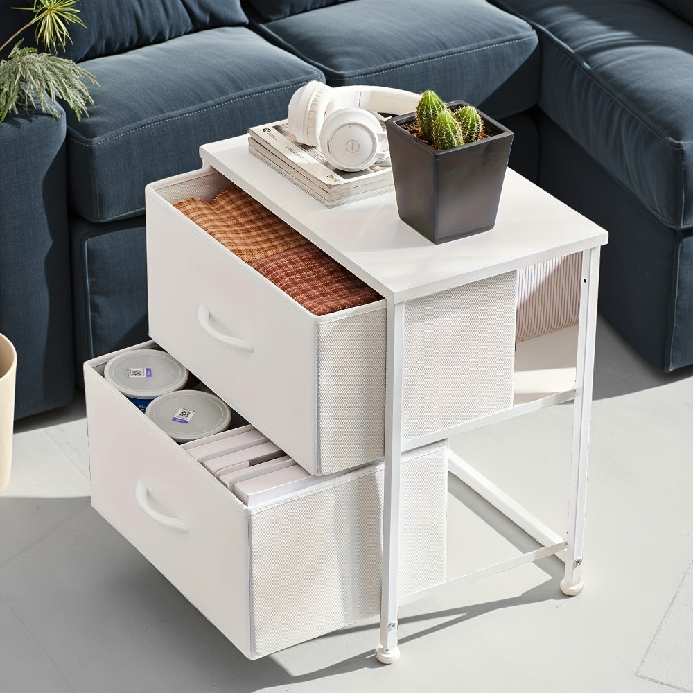 Nightstand with 2 Storage Drawers, 20¡± Bedside Table with Wooden Top & Fabric Cabinet, Steel Frame Mini Dresser for Bedroom, Dorm, Living Room ¨C 1pc or Set of 2pcs, Black White Grey Rustic Brown