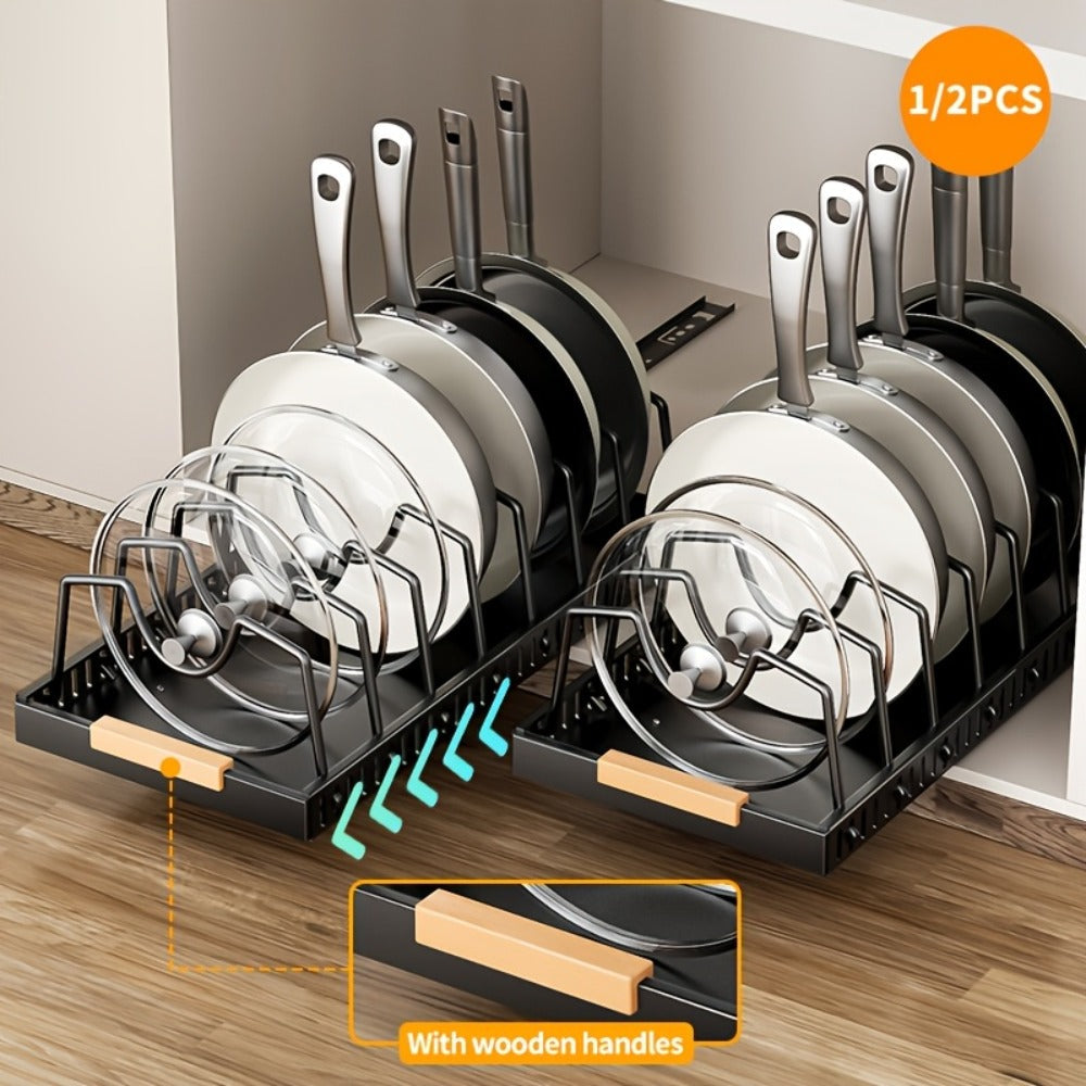 Pull Out Pot and Pan Organizer for Cabinet - Sliding Lid Rack with 8 Adjustable Dividers for Kitchen Cabinet Storage, Drill-Free Installation Pan Holder for Lids Baking Sheets and Cookware, Available in 1 or 2 Pack in Black or White