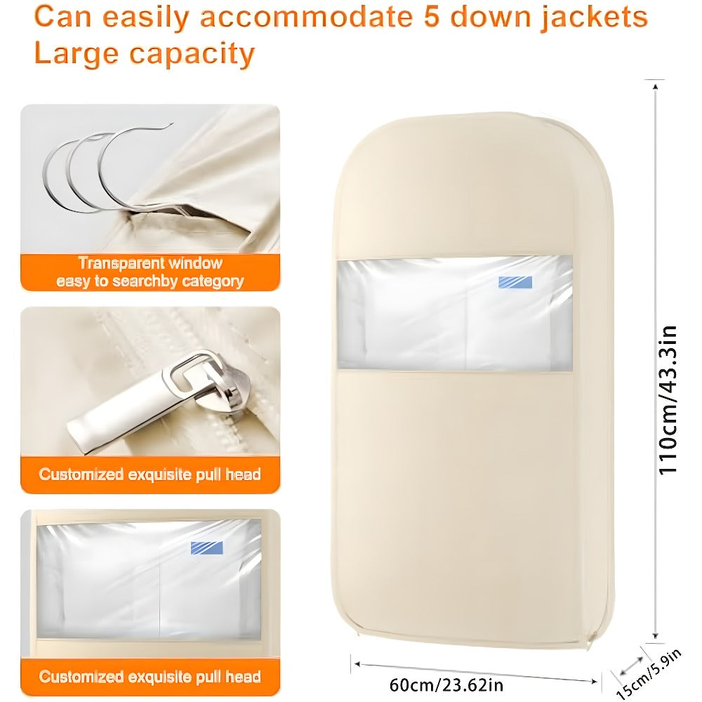 Hanging Garment Bag with Compression Zipper Space Saving Dustproof Clothes Storage Bag with Self Compression Zip Technology for Suits Dresses Coats Closet Wardrobe Organization Beige