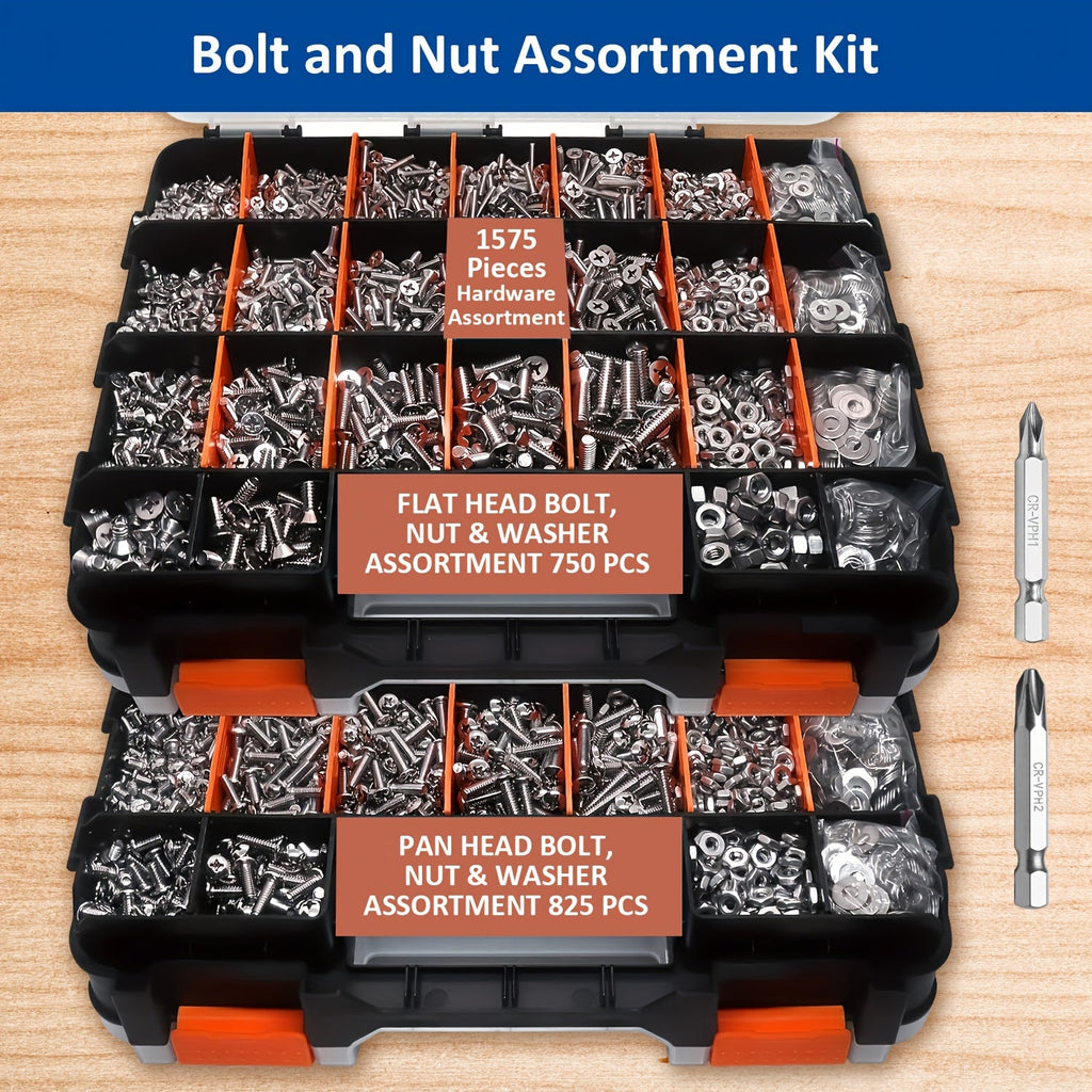 1575pcs 304 Stainless Steel Nuts and Bolts Assortment Kit ¨C Pan Head Flat Head Screws Nuts Washers with Double-Sided Storage Box for Home & Mechanical Repairs