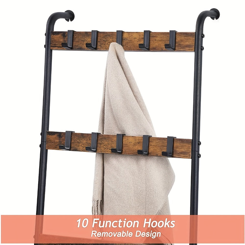 Blanket Ladder 5 Tier Farmhouse Wood with 10 Removable Hooks Wall Leaning Towel Rack Quilt Holder for Living Room Bathroom Bedroom Decor