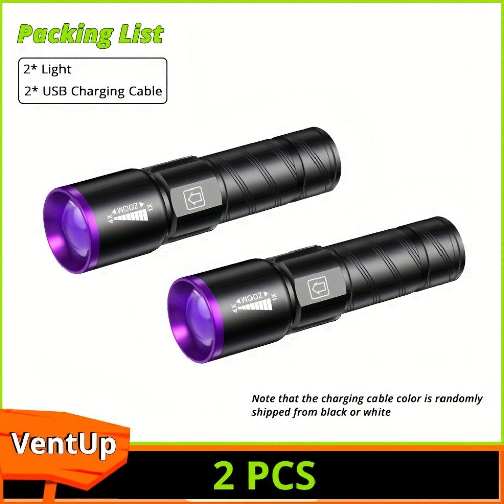 UV Blacklight 2 Pack Rechargeable Portable | Adjustable Brightness & Zoom Ultraviolet Lamp | Scorpion Detection Pet Urine Stain Finder Nail Polish Resin Curing Fluorescent