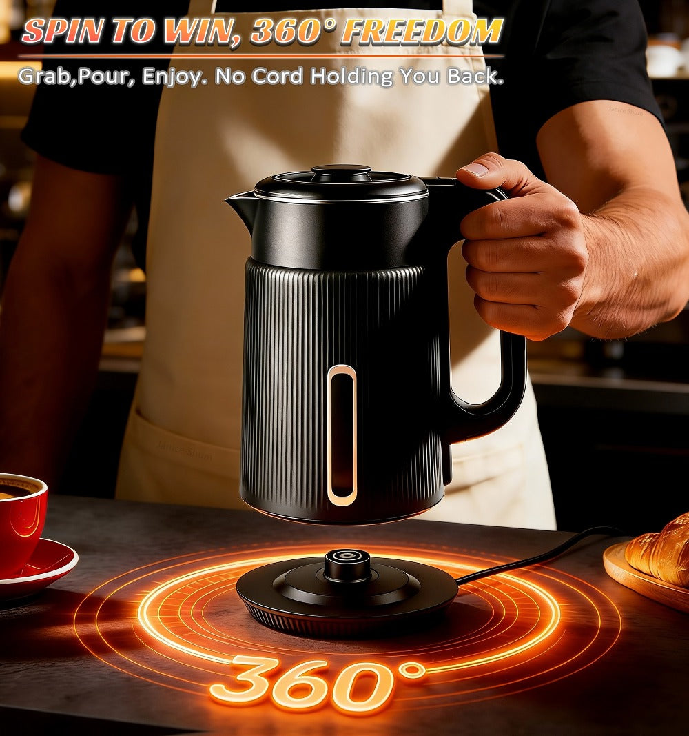 Electric Kettle 1000W Double Wall Stainless Steel ¨C 57.48oz 304 SS Hot Water Kettle with 360¡ã Rotary Base, LED Light, Auto Shut-Off & Boil-Dry Protection, Instant Water Warmer for Coffee & Tea ¨C Black