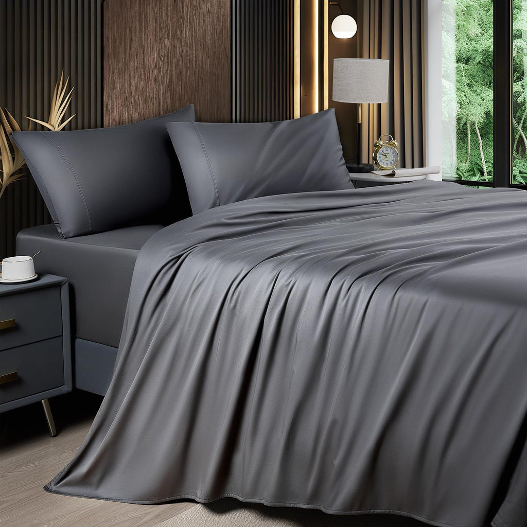 Cooling Sheet Set 4 Piece 2200TC Bamboo Blend - Silky Soft Deep Pocket 16 inch Fitted Sheet, Flat Sheet & Pillowcases, Breathable Luxury Bedding for Hot Sleepers Twin Full Queen King, Summer Chill Collection