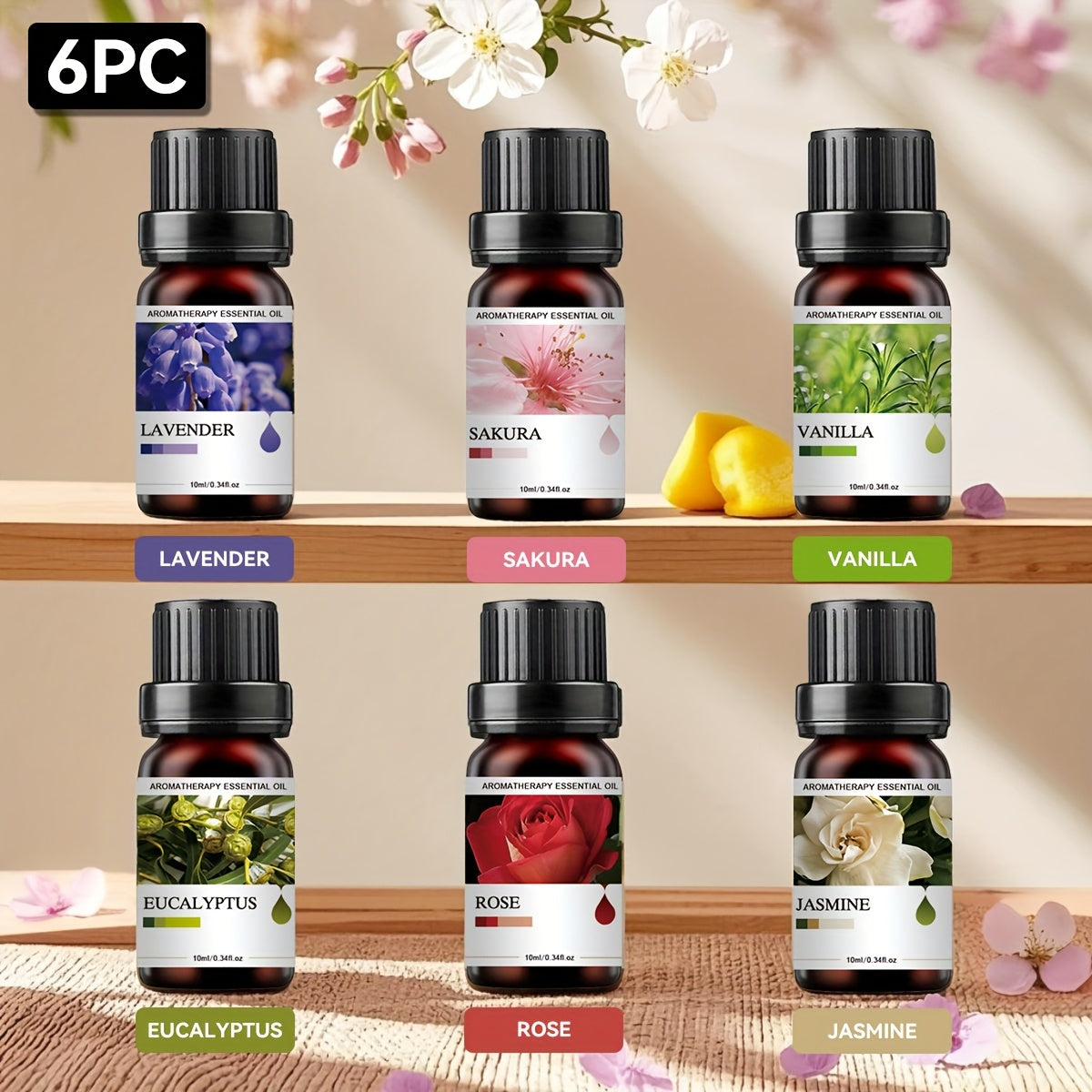 Essential Oil Set 6 Pack 0.34oz Each Floral Fruity Scents Lavender Eucalyptus Rose Jasmine Mint Orange for Diffuser Candle Humidifier Car Home Christmas Easter Gift