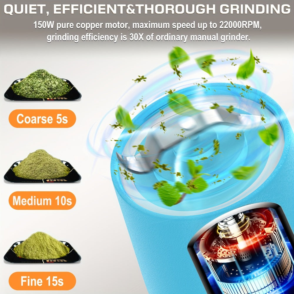 Electric Herb Grinder 150W USB-C Rechargeable - Dual Mode Pulse & Auto, Fast Grinding Dry Spices & Herbs, Compact Portable with Cleaning Brush | 6 Colors