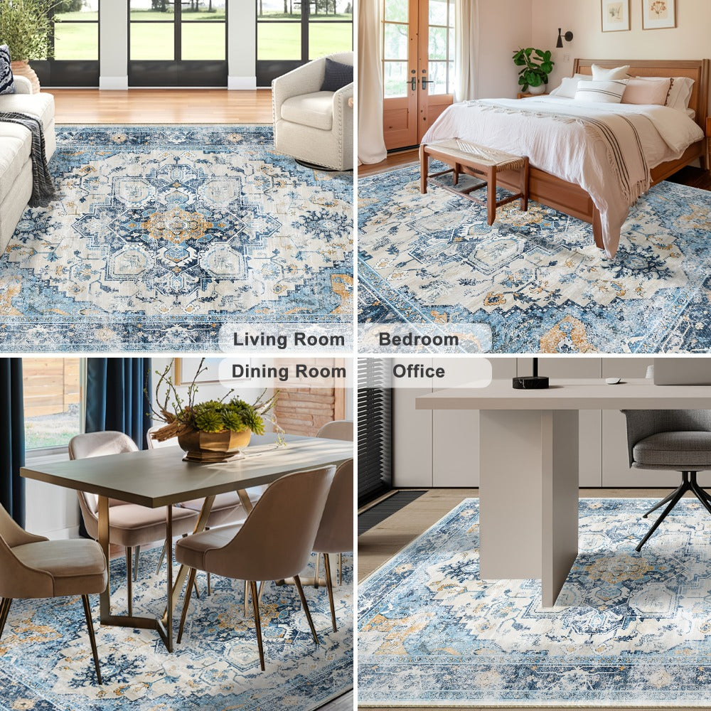 Moroccan Boho Area Rug Machine Washable Low Pile Soft Indoor Carpet for Living Room Bedroom Office Neutral Blue Brown Red Multi-Size
