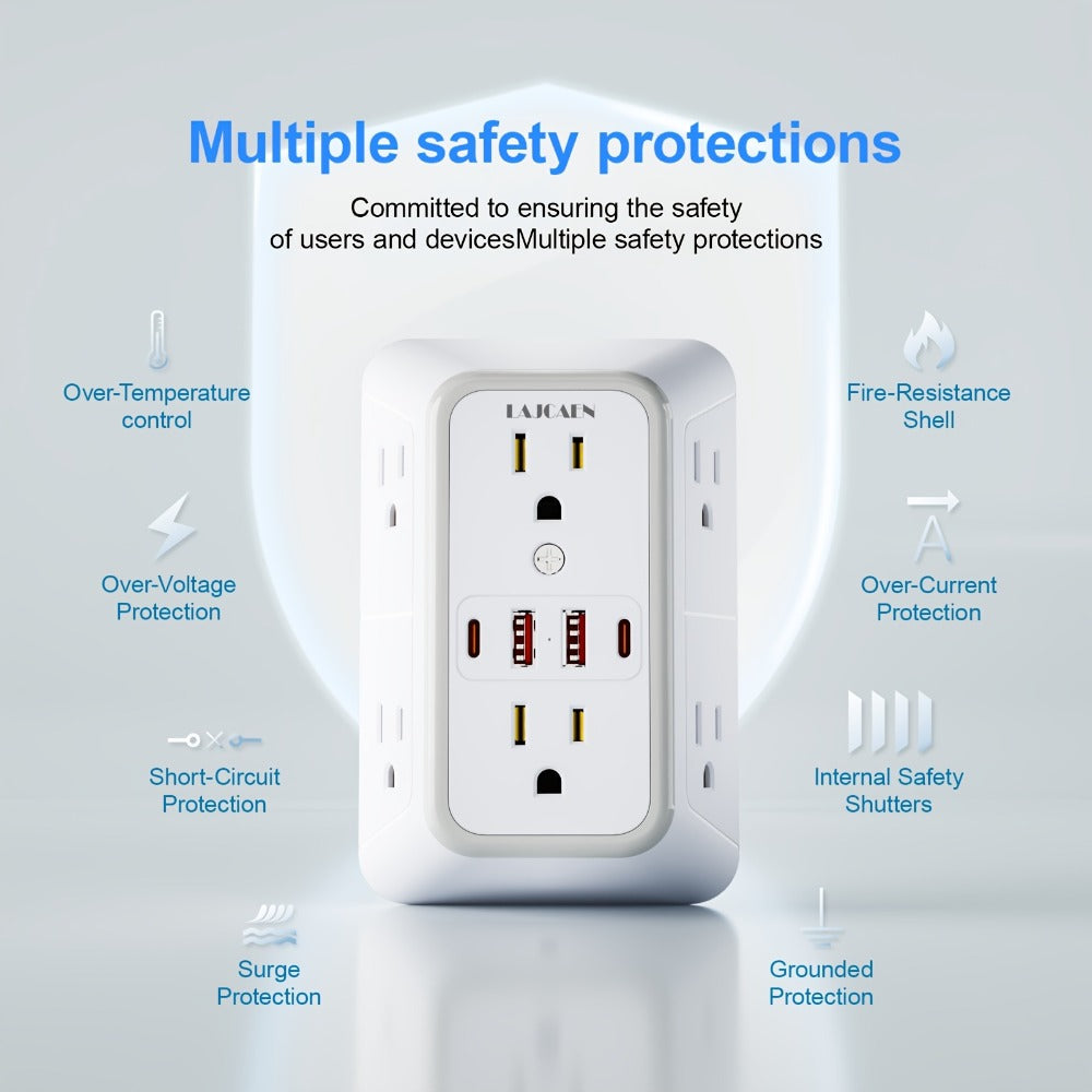Outlet Splitter Wall Expander 10-in-1 with 6 AC Outlets 2 USB-A 2 USB-C Ports 3-Sided Plug Extender Surge Protector Night Light Compact Space-Saving Design for Home Dorm Apartment Office