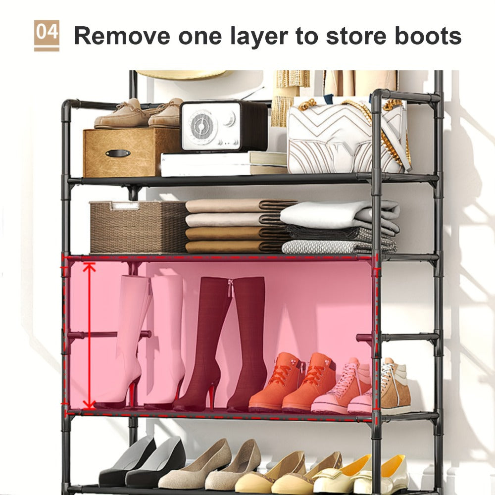 Shoe Rack Organizer with 8 Double Hooks & Multi-Layer Storage Shelves ¨C Floor Standing Coat Hat Holder for Entryway Bedroom Living Room