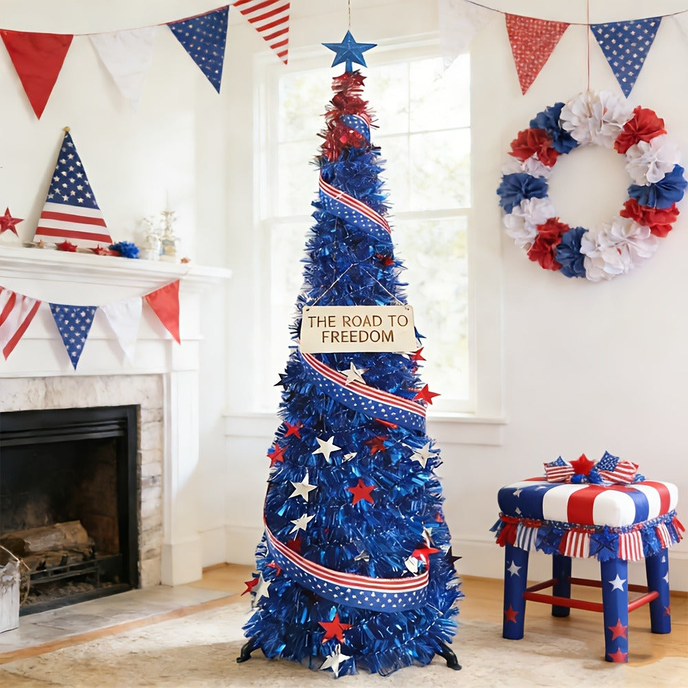 4th of July Decorative Tree 5ft LED Light, Foldable Patriotic Stars & Stripes Blue Christmas Tree with Red White Blue LED String Lights, Independence Day Party Decoration & Summer Gift