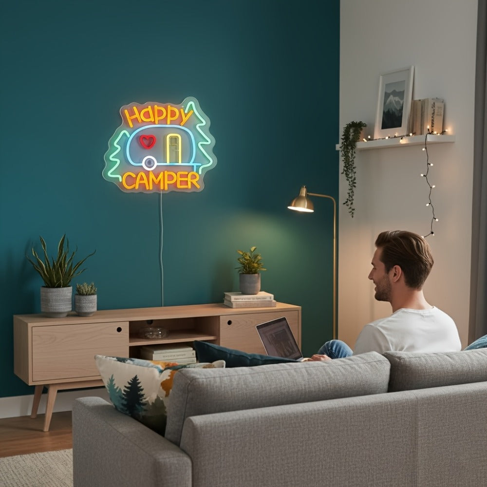 Happy Campers Neon Sign LED Wall Light | Illuminated RV Camper Decor Sign for Campsite Bedroom Man Cave Bar Party Polychrome Glowing Gift for Campers