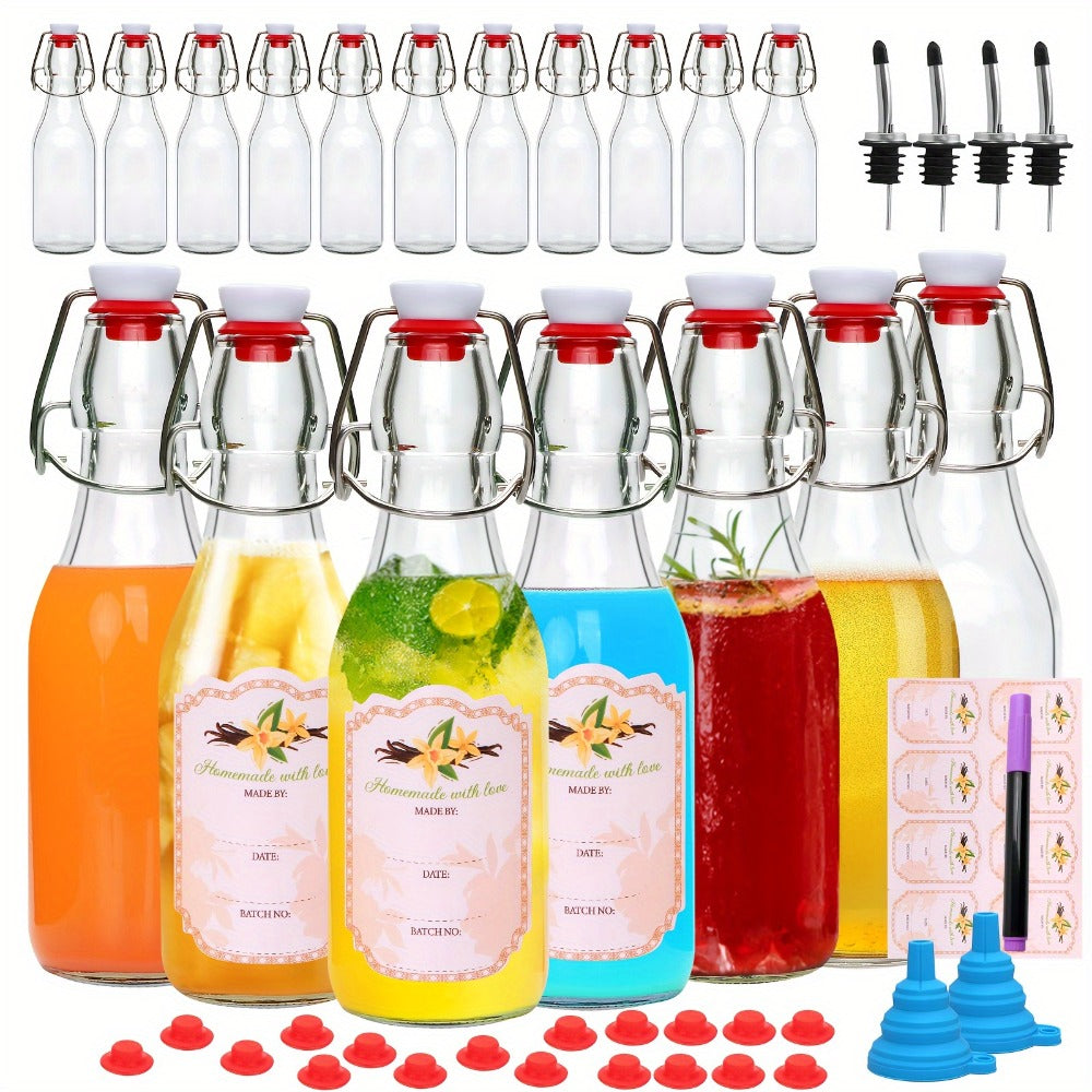 Glass Swing Top Bottles 8.45oz ¨C Round Iron Clasp Airtight Bottle Set with Funnel for Juice, Kombucha, Syrup & Oil Storage, Reusable Flip Cap Glass Bottles (6, 9, 12 or 18 Pack)