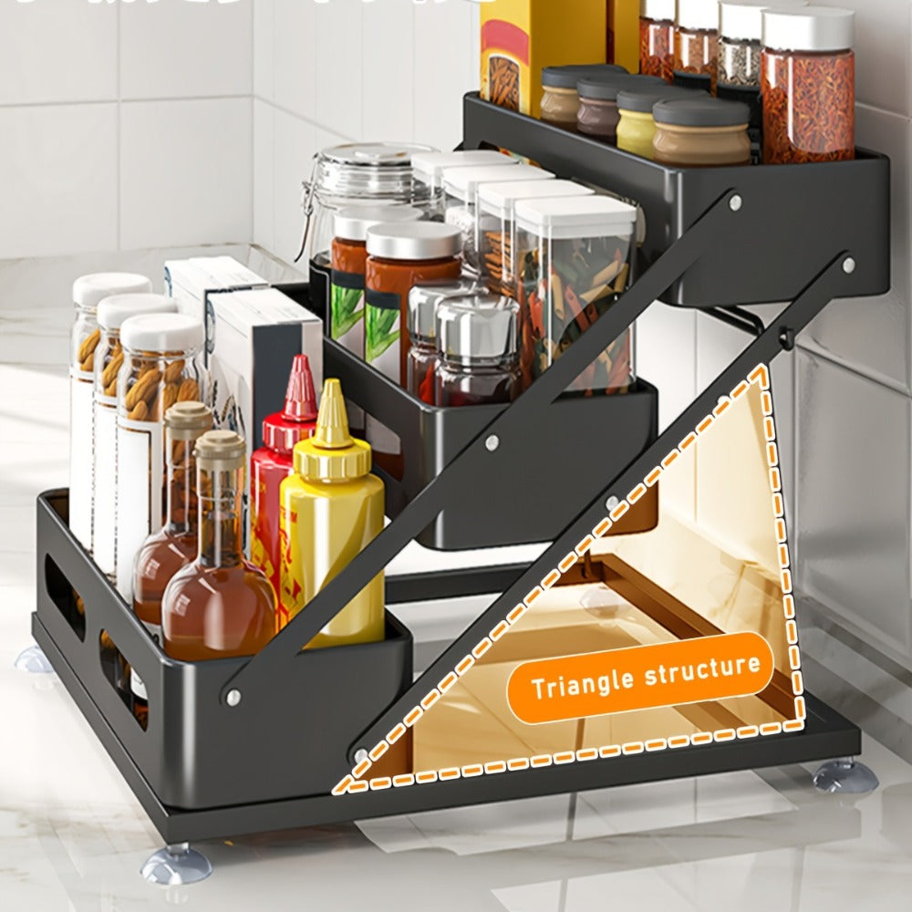 3-Tier Foldable Spice Rack Organizer with Safety Rails - Space-Saving Countertop & Cabinet Storage for Kitchen Pantry, Durable Metal Finish, Sturdy Construction