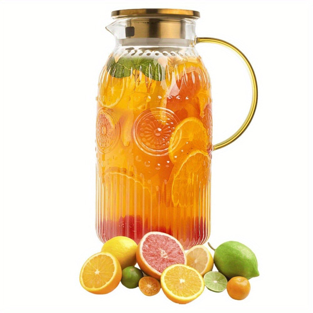 Glass Pitcher with Lid 68oz 2 Liter Heat Resistant Borosilicate Glass Water Carafe Vintage Design for Cold Brew Coffee Lemonade Iced Tea Juice Parties Picnics Camping Office Kitchen