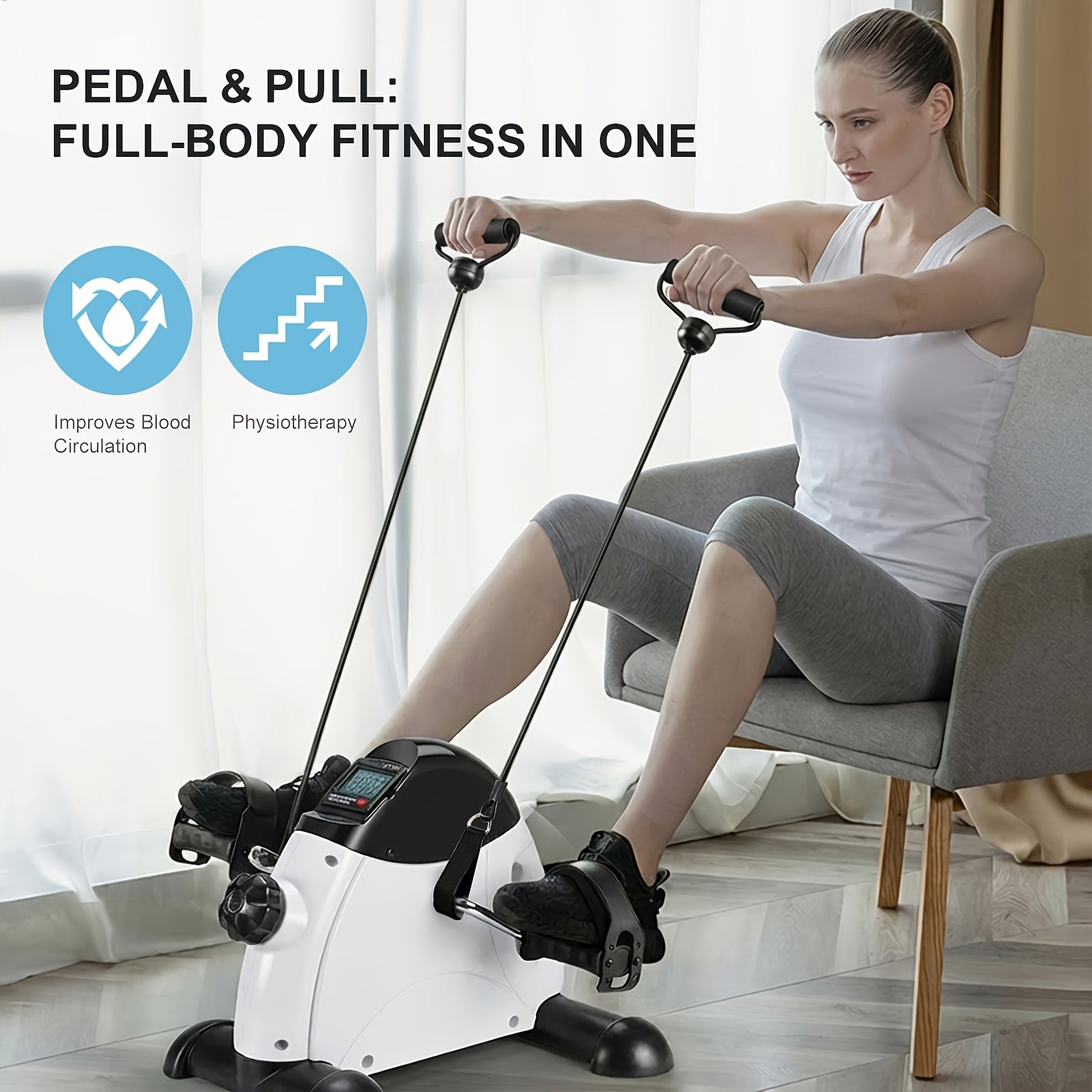 Portable Elliptical Trainer Mini Exercise Bike Under Desk Pedal Exerciser LCD Display 8 Resistance Levels Silent 350lb Capacity Arm Leg Training for Home Office Seniors