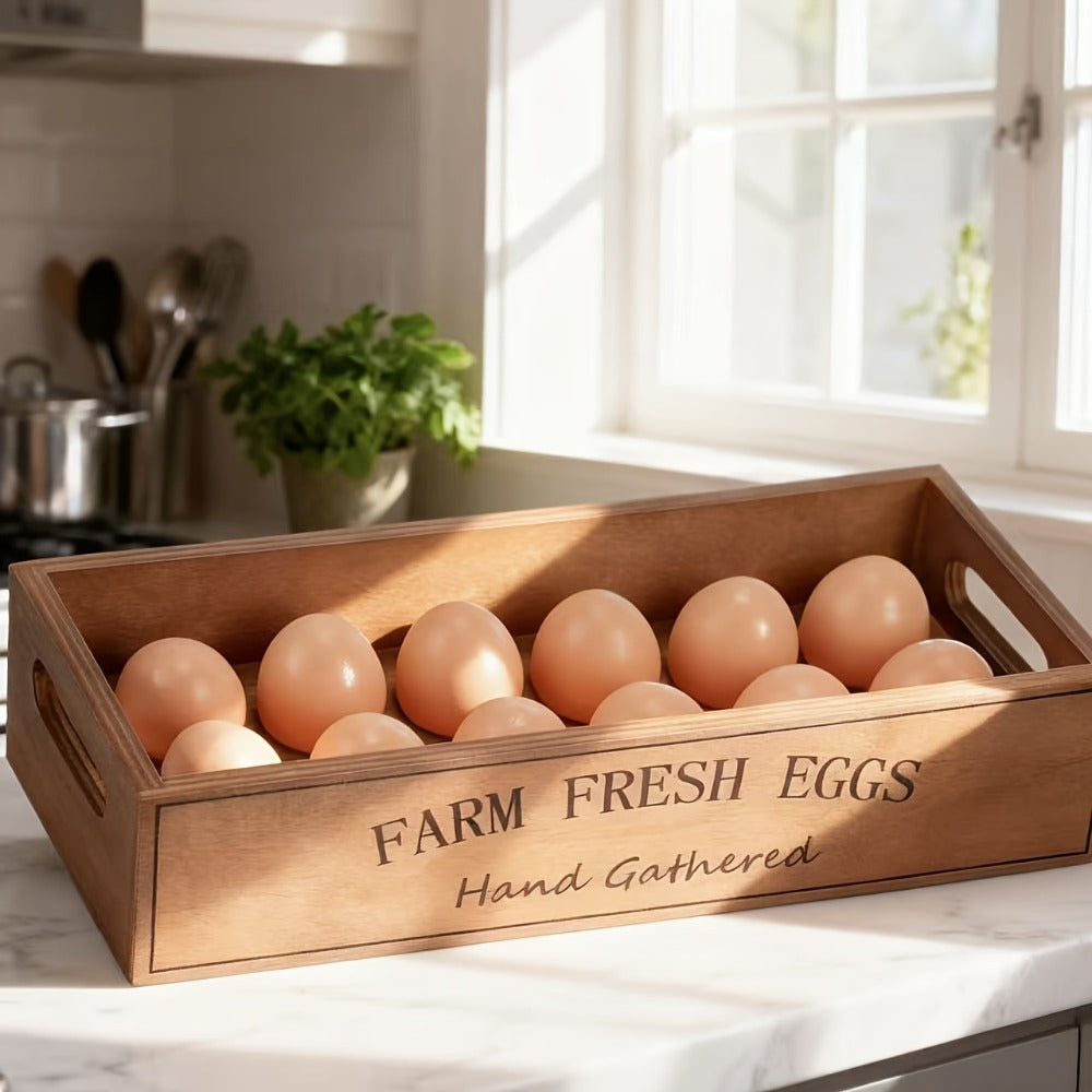 Farmhouse Wooden Egg Holder Rack 2pcs - 24 Egg Storage Display with Handle for Kitchen, Farm, Easter