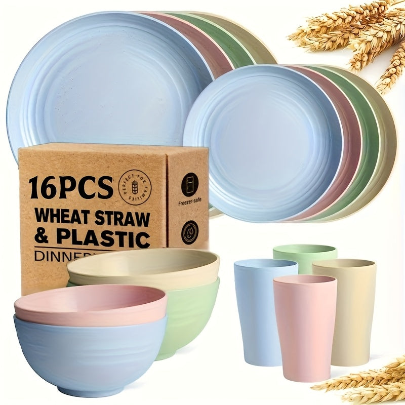 Wheat Straw Dinnerware Set 16 or 32 Piece ¨C Plates & Bowls for 4 or 8 People, Microwave & Dishwasher Safe Plastic Dish Set, Lightweight Colorful Tableware for Home, Party & Holiday