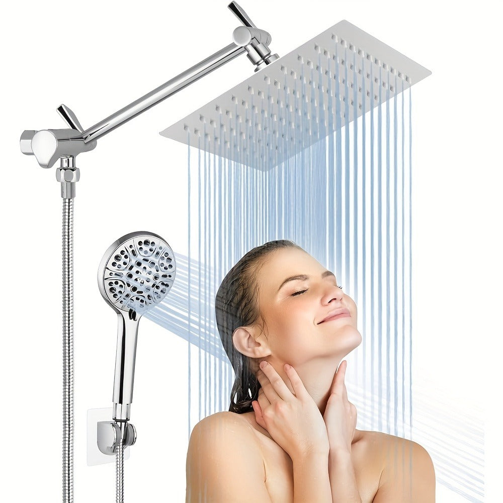 High Pressure Rainfall Shower Head Handheld Combo 4-Spray Modes 10 12 Inch Adjustable Extension Arm 78-Inch Hose Adhesive Holder Wall Mount Chrome Black Bathroom