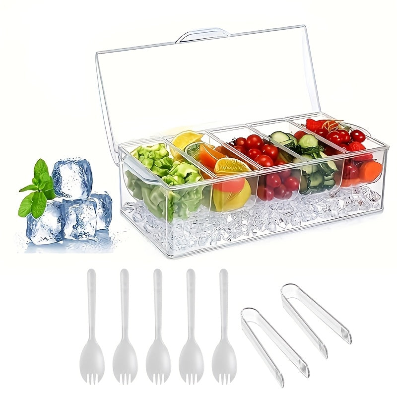 Fruit Salad Bowl with Lid and 5 Compartments, Portable Chilled Serving Tray with 5 Forks and 2 Tongs, Detachable Fruit Storage Box for Party Entertaining Bar Decoration Buffet Table