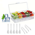 Fruit Salad Bowl with Lid and 5 Compartments, Portable Chilled Serving Tray with 5 Forks and 2 Tongs, Detachable Fruit Storage Box for Party Entertaining Bar Decoration Buffet Table