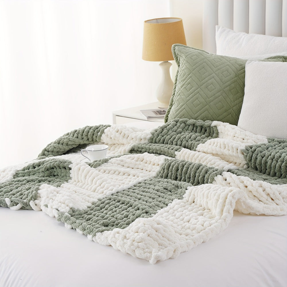 Chunky Chenille Cable Knit Throw Blanket ¨C 350-400gsm Soft Warm Crochet Throw for Sofa, Bed & Couch, Vintage Patchwork, 14 Colors