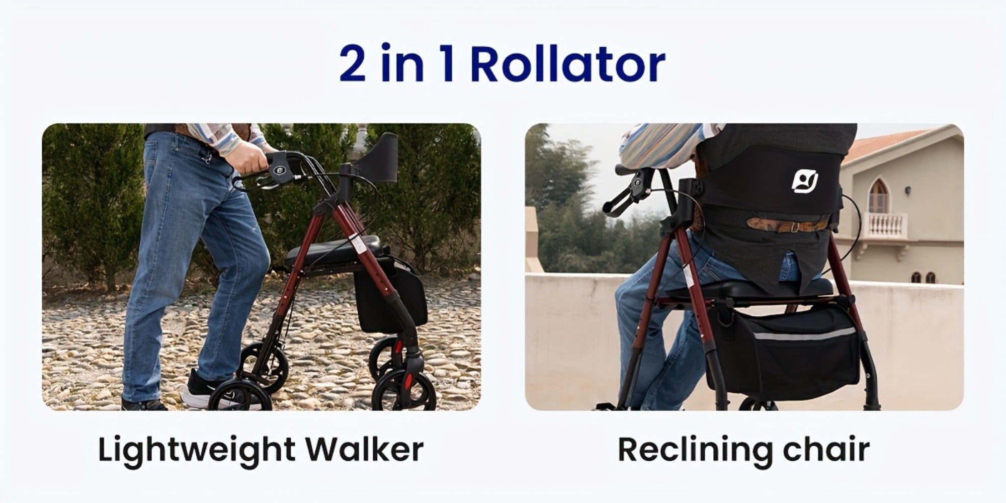 Rollator Walker for Seniors Foldable with 8-Inch Big Wheels, Durable Aluminum All-Terrain Rolling Walker with Ergonomic Backrest & Dual Adjustable Height, Upright Walker Option Available for Elderly