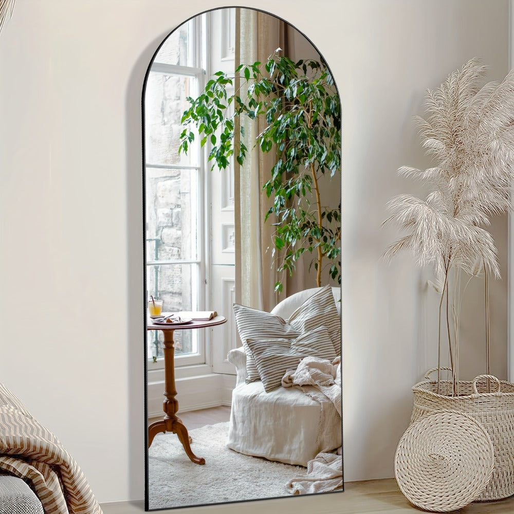 Full Length Floor Mirror with Stand ¨C Arched & Rectangular Full Body Mirror, Aluminum Alloy Frame, Shatter-Proof Nano Glass, Bedroom Living Room Cloakroom Wall Leaning Mirror