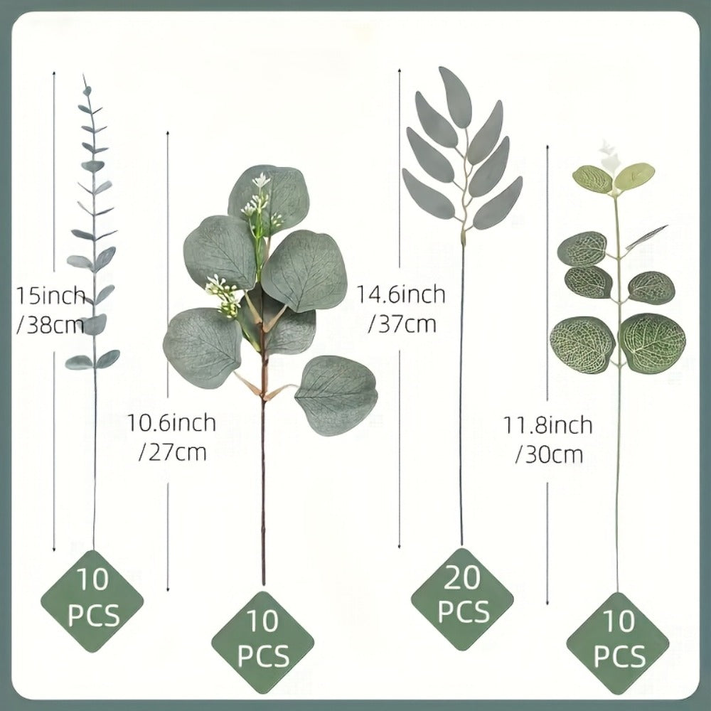 Artificial Eucalyptus Stems Bulk 50 56pcs Fake Flowers with 4 Leaf Varieties Lifelike Green Foliage Bouquet White Flowers for Wedding DIY Home Office Spring Valentine's Day St Patrick's Day Decor
