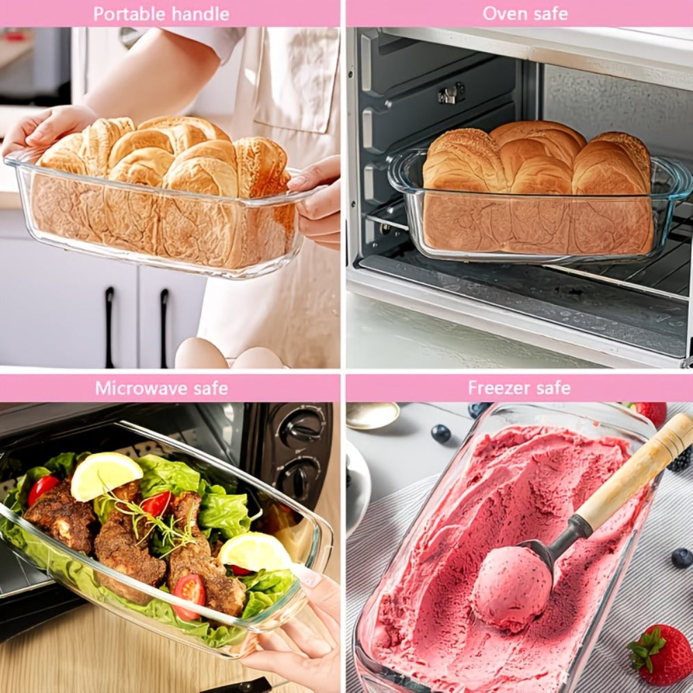 Glass Baking Dish with Lid, 1.9 Qt Rectangular Glass Loaf Pan with Handles, Oven & Microwave Safe Airtight Food Storage Container, Stackable Glass Bread Pan for Baking Bread Cakes, with Silicone Brush