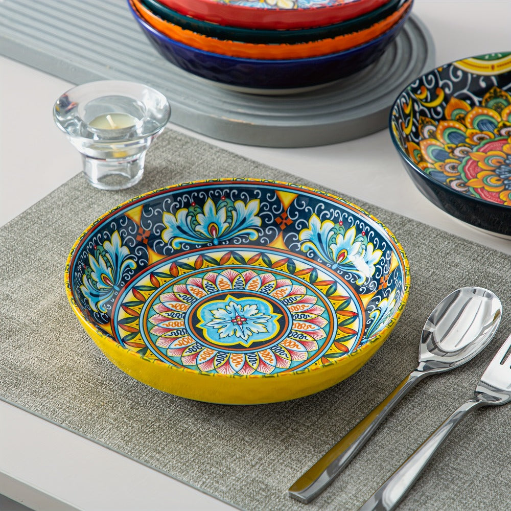 Bohemian Pasta Bowls Set of 6 | 32 Oz Porcelain, Floral Pattern, Microwave & Dishwasher Safe ¨C VANCASSO