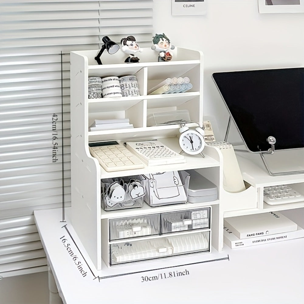 6-Layer Desktop Storage Rack Desk Organizer with File Holder Pen Holder Space-Saving Office Organizer Matte White PVC Stationery Cosmetics Dormitory Bookshelf Partition Box Multiple Sizes