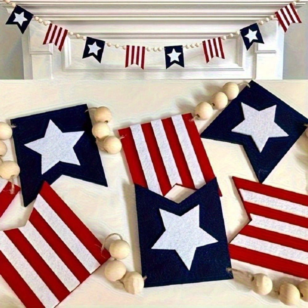 Patriotic Bunting Flags with Wood Bead Garland - 4th of July Red White Blue Hanging Banner Decor for Independence Day Party, Fireplace Mantle & Home Wall
