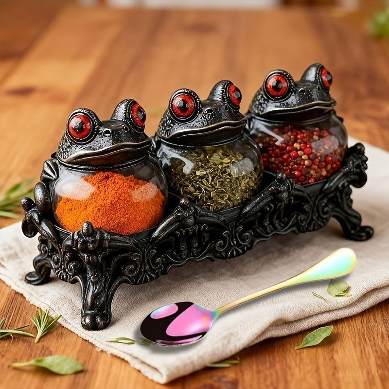 Gothic Witch Frog Spice Jars Set of 3 with Engraved Bases & Spoon ¨C Vintage Pharmacist Jars with Frog Lids for Dark Kitchen Decor, Halloween Herb Storage