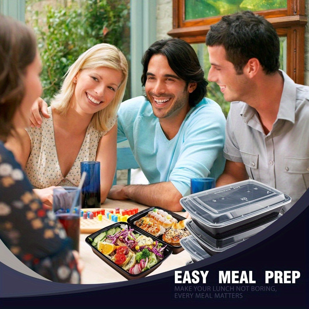 Meal Prep Containers 38oz Black Rectangular Disposable Bento Box Bulk Set - Stackable Leakproof Food Storage with Lids Microwave Dishwasher Freezer Safe for Takeout Catering Picnic Lunch